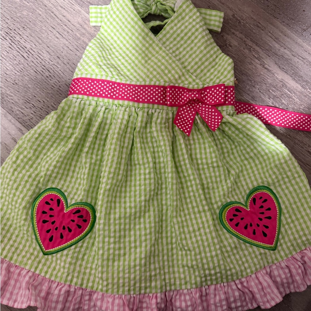 Baby girl Green Gingham Dress with Pink Watermelon Hearts